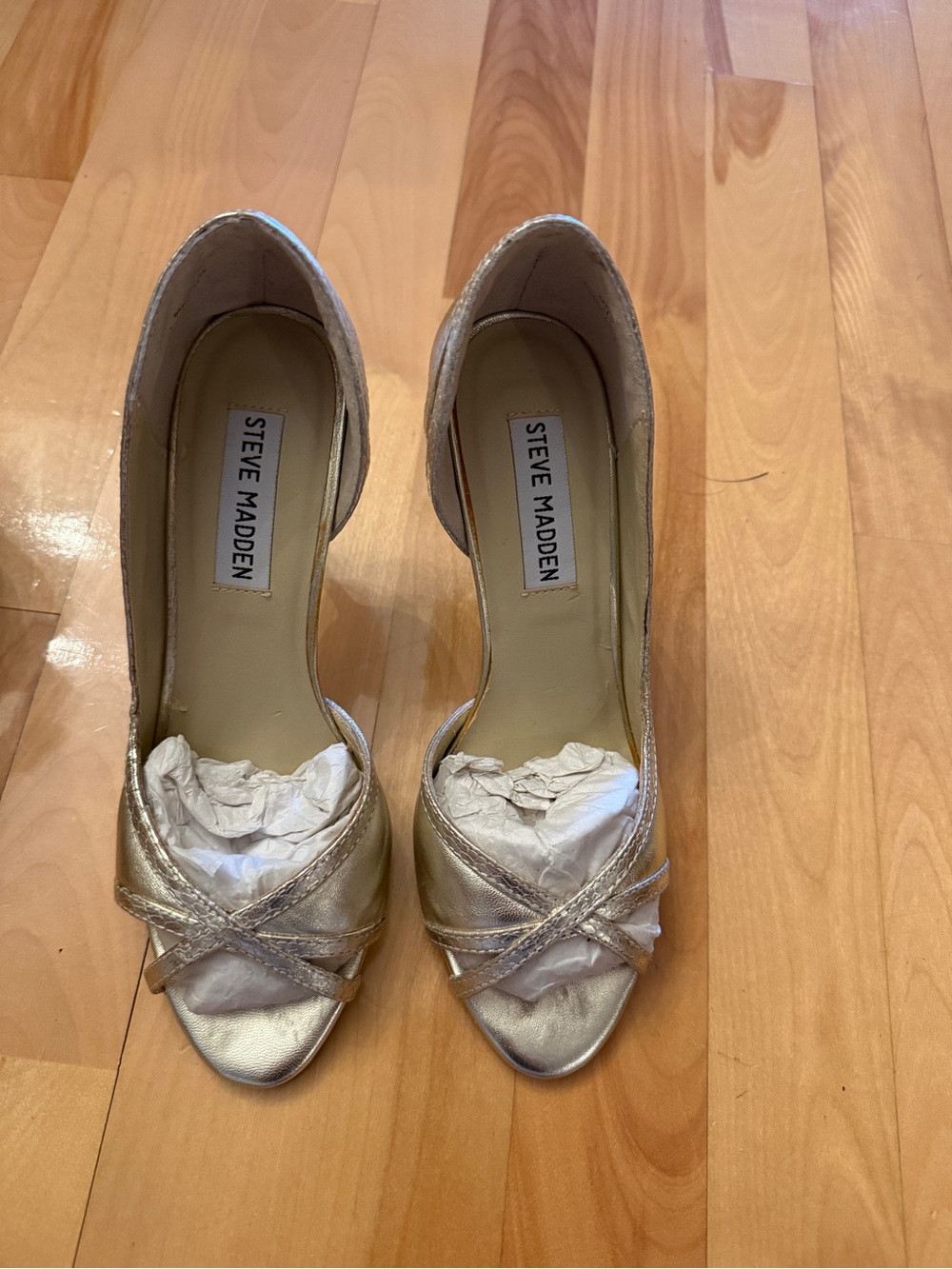 Steve Madden Women’s Metallic Gold Peep-Toe Heels with Crossover Straps